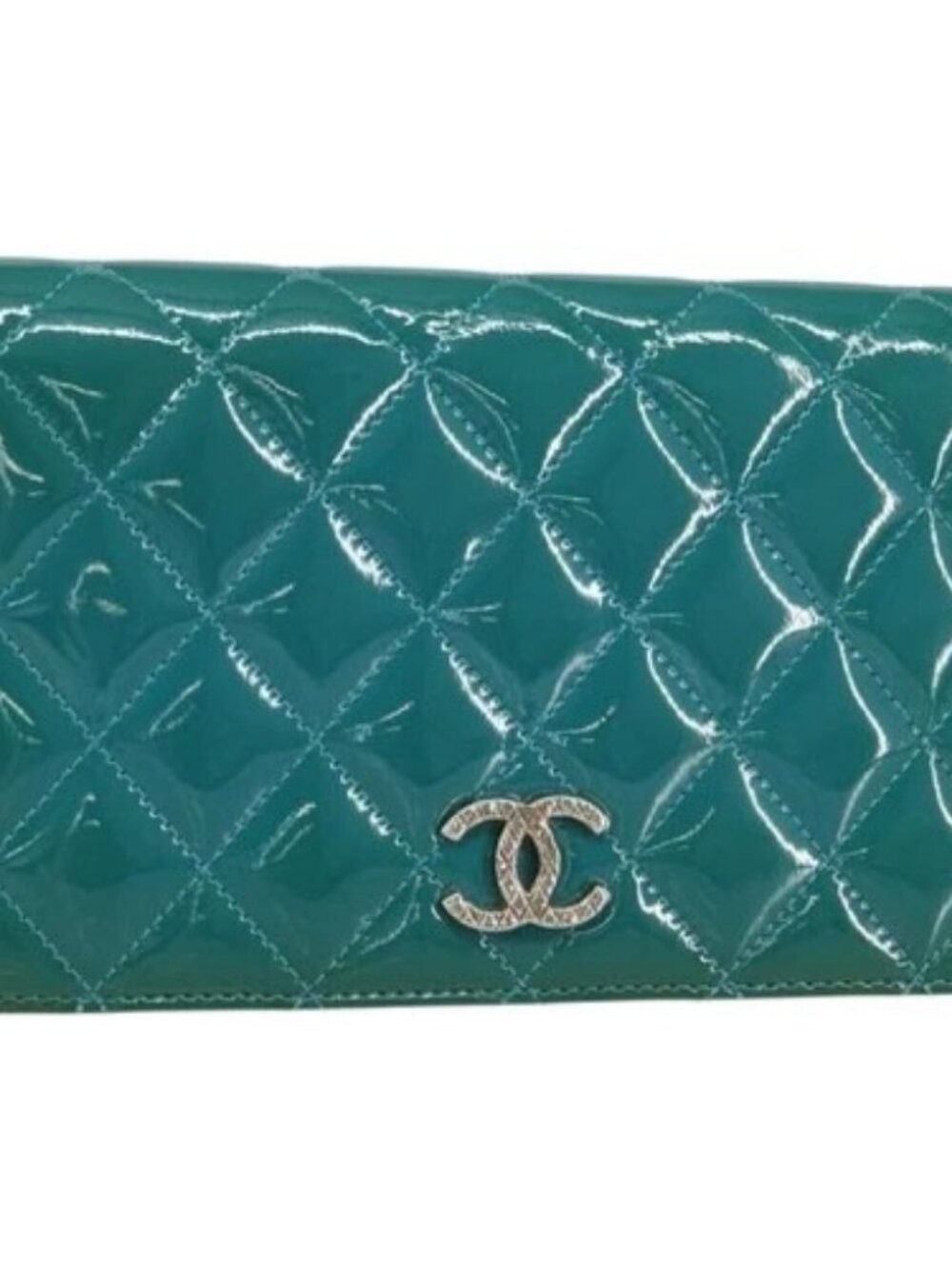 CHANEL Matelasse Long Wallet Patent leather Blue Silver CC Auth 153143